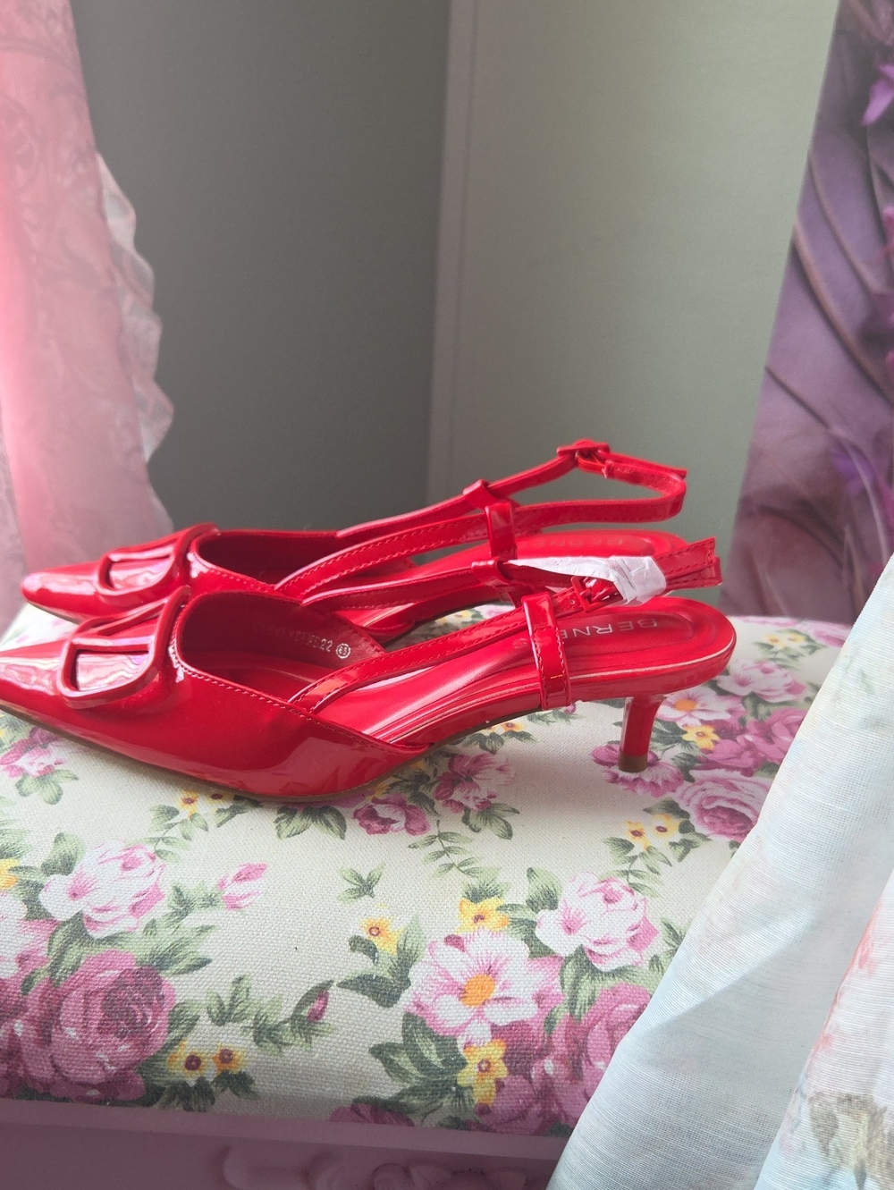 Red Patent Slingback Pointed-Toe Heels with Decorative Buckle - Picture 13 of 14